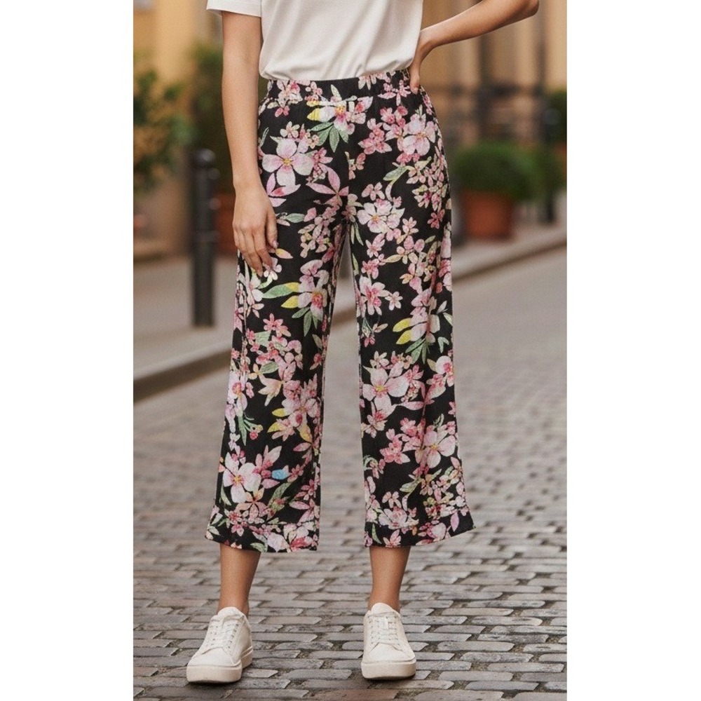 Roxy Women's Tropical Floral Wide Leg Crop Pants Size XL Black Pink Boho Resort